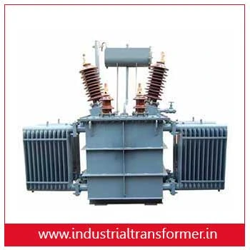 Industrial transformer with cooling radiators, front view; bottom shows the site URL www.industrialtransformer.in