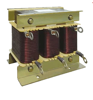Three-coil electrical transformer winding assembly mounted on a metal base.